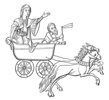 A carriage drawn by a pair of horses, after a manuscript from the 9th century