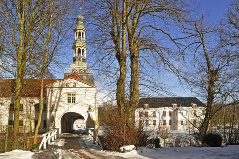 The moated castle in Dornum in winter, East Frisia, Lower Saxony, Federal Republic of Germany