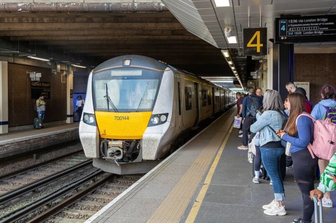 British rail Class 700 train to Bedford arriving at platform, Gatwick airport railway station,