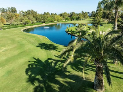 Fairway at the La Noria Golf Resort. Aerial view. Drone shot. Málaga province, Andalusia, Spain