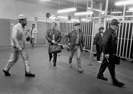 After work, workers from the Zollverein coking plant leave their work gap at the end of the shift.