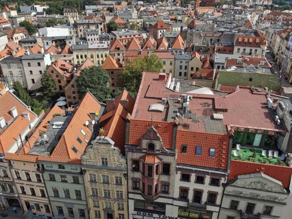 Bird's eye view of Torun's old town with red roofs and historic architecture, Poland