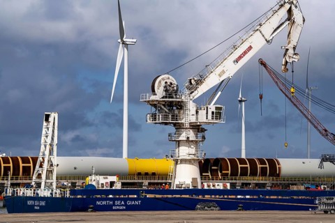 The seaport of Eemshaven, Julianahaven Basin, where the foundation structures, monopiles, for