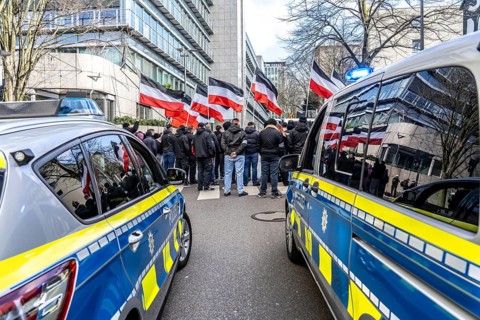 The neo-Nazi group Jung und Stark, JS, demonstrates in the city centre of Essen, demanding the