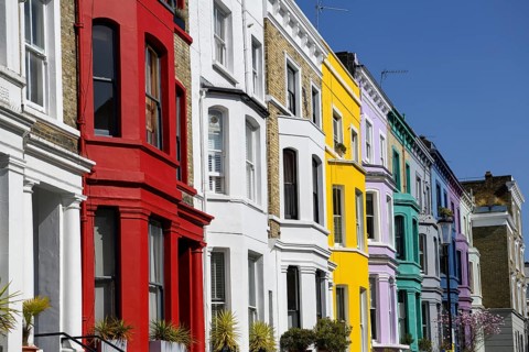 Colourful house facades on Lancaster Road, detail, Notting Hill, London, England, United Kingdom