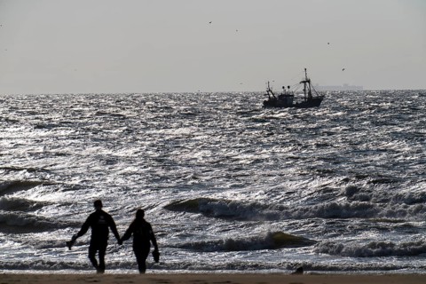 Strollers on the beach of Scheveningen, shrimp cutter, Netherlands