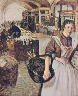 Woman Shopping in the Market Hall in Dresden, Germany, Historic, digitally restored reproduction of