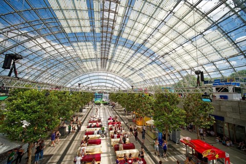 New Leipzig Trade Fair Centre, Leipzig Trade Fair, with glass entrance hall, interior view, trade