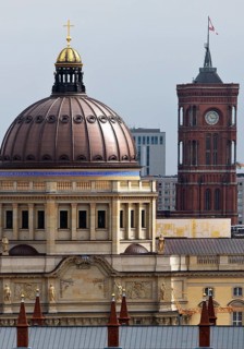Humboldt Forum and Rotes Rathaus above the rooftops of the city, Berlin, Germany