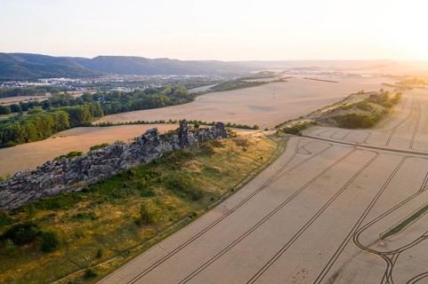 Aerial view in the last evening light of the Devil's Wall with Königsstein stone formation, in the