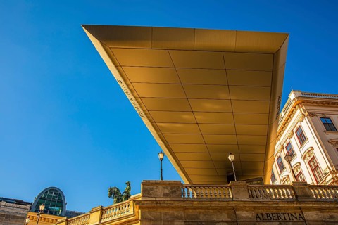 Striking roof construction above the entrance to the Albertina art collection, including the