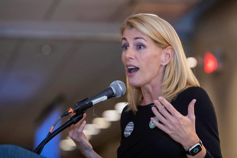 Chicago, Illinois, Sara Nelson, president of the Association of Flight Attendants, speaks at the