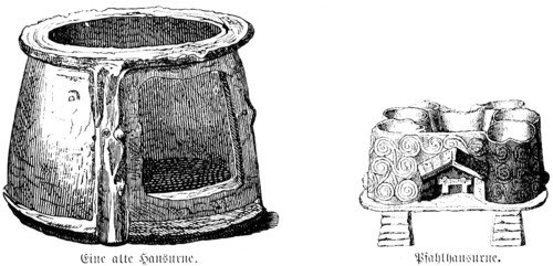 Round house urn and pile dwelling urn in the shape of the houses of the time in front of Christ,