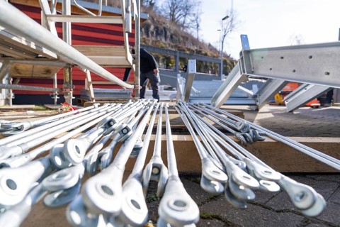 Close-up of metallic building materials on a construction site, prepared for use, staircase