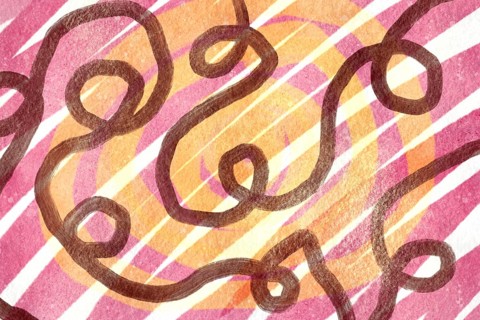 This abstract image showcases swirling patterns with vibrant pink and orange hues. The textured