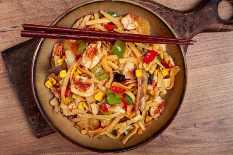Fried noodles with chicken meat and vegetables, Bami Goreng, Indonesian dish, no people