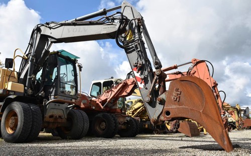 Wheeled excavator, excavator on a construction site, Denmark