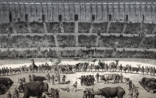 Gladiators fighting animals, reconstruction of the Amphitheatre of Pompeii, 1st century