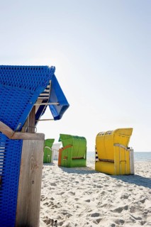 Colourful beach chairs, Föhr, North Frisian Islands, North Frisia, Schleswig-Holstein, Germany