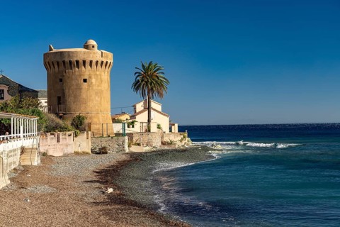 Santa-Maria-di-Lota beach and Genoese tower, Cap Corse, Corsica, France