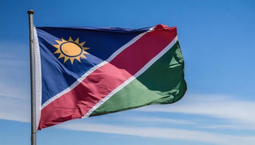 Flags, the national flag of Namibia flutters in the wind