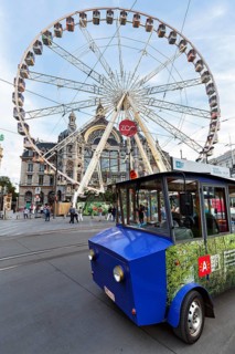 Tourist tram Touristram in front of Ferris wheel, city tour, historic city centre, Antwerp,