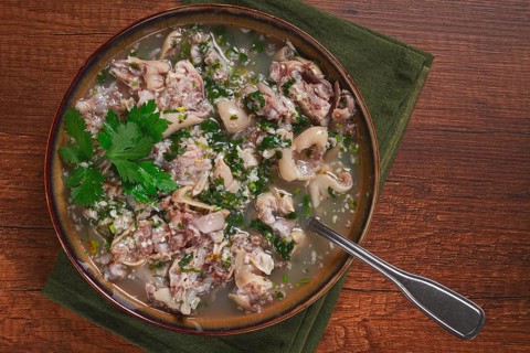 Muzhuzhi, a Georgian dish made from pork legs, with spices and herbs, homemade