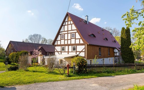 Renovated half-timbered house in the village, farmhouse in Birmenitz, Lommatzsch, Saxony, Germany