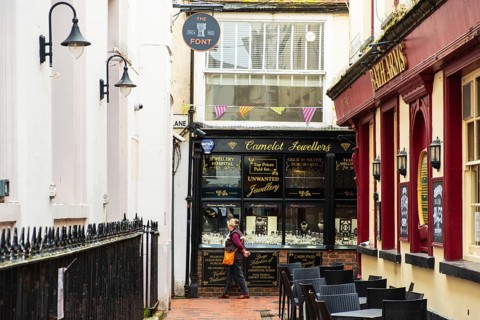 The Lanes in the city centre of Brighton, Great Britain