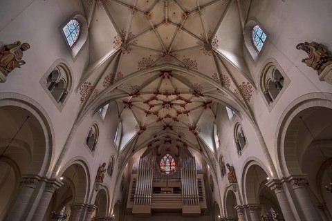 Ceiling vault with organ gallery of the Basilica Sankt Kastor, Koblenz, Rhineland-Palatinate,