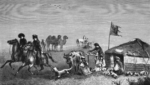Camp of the nomadic Western Mongolian Kalmyks in the steppe, living tent of a family with several