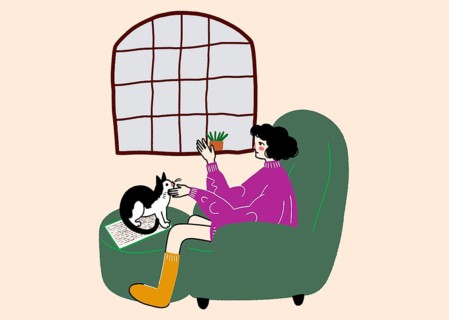 A cozy illustration of a woman in a chair with her cat and a small plant. She enjoys a peaceful