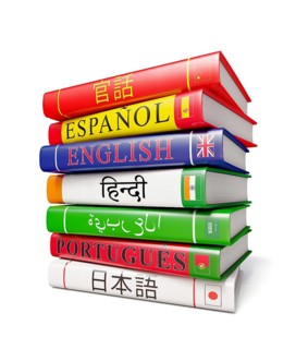 Foreign world languages study concept background, stack of dictionaries isolated on white