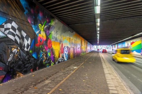 Huge street art pictures in a road tunnel in Gelsenkirchen, the approximately 120 meter long
