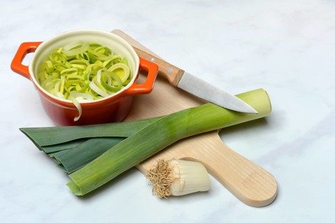 Leek, leek sticks and leek rings in a bowl