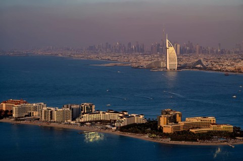 View from viewing platform The View At the Palm, on Hotel Burj al Arab, Burj Khalifa, Downtown,