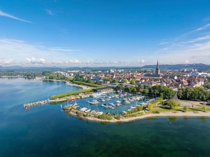 Aerial view of the town of Radolfzell on Lake Constance with the Wäschbruckhafen, harbour pier and