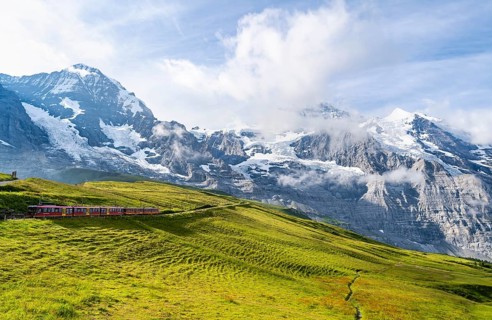 Jungfrau Railway to Jungfraujoch runs through green meadows, above the Kleine Scheidegg stop, rack