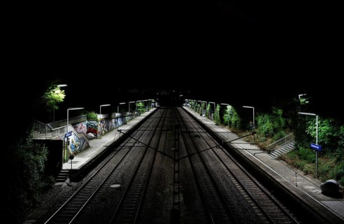 Night view, bus stop, train station, platform, abandoned, summer rain, dark, Stuttgart,
