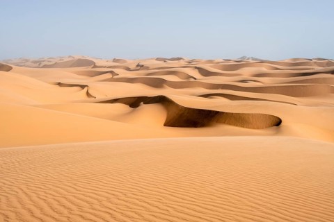 Sand dunes with wave patterns, dune sea, sandy desert, impressive desert landscape, Namib Naukluft