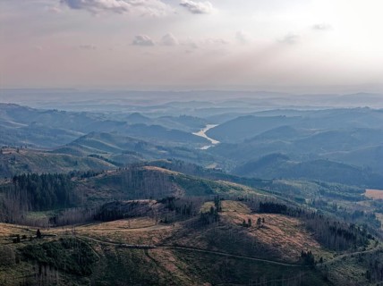 Evening mountain scenery in the Harz nature park Park, and in the Fernel the Sösestausee. aerial