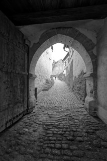 Passage, gatehouse, Wartburg, castle in the Thuringian Forest, UNESCO World Heritage, b/w photo,