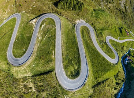 Winding curves of the Julier mountain pass, aerial view, Switzerland