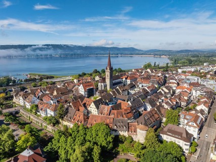 Aerial view of the historic old town of Radolfzell am Lake Constance with the Münster, Konstanz