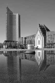 Paulinum, auditorium and university church of St. Pauli and Leipzig City Tower on Augustusplatz,