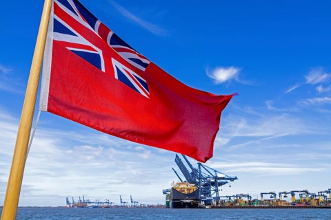 Container port, container ship, flag, Felixstowe, England, Great Britain