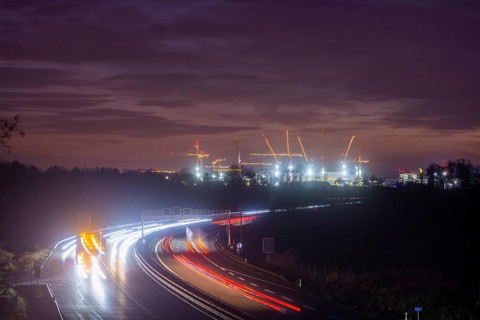 ESMC construction site of the new chip factory on the A4 in the evening, Dresden, Saxony, Germany
