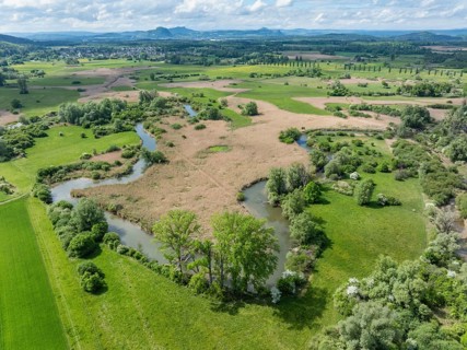 Aerial view, top down view of Radolfzeller Aachried with Radolfzeller Aach, on the horizon the