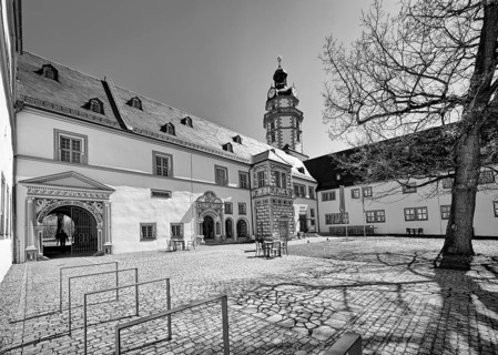 Ehrenstein Palace and Park, Renaissance Palace, Palace Complex, Castle Tower, B/W photo, black and