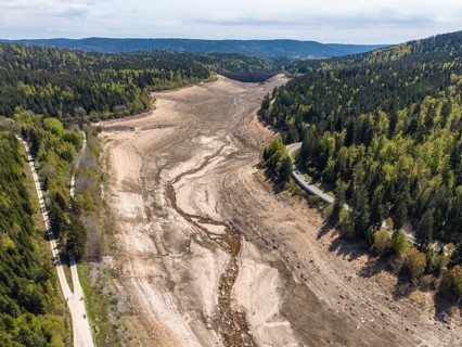 Aerial view of the Schwarzenbach dam near Forbach was almost completely drained in April 2026 for